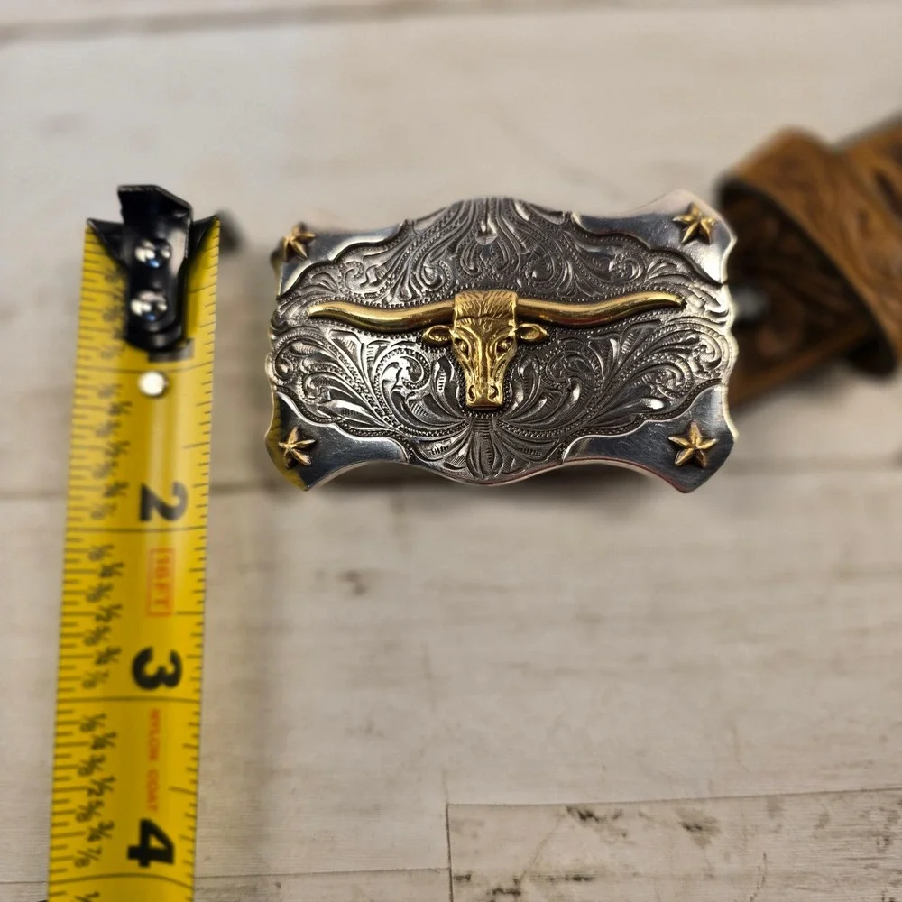 Kid Western Brown Leather Tooled Belt Longhorn Bull Trophy Buckle Made in USA 22